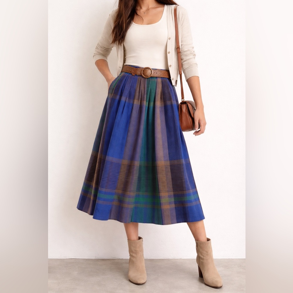 Vintage 100% Wool Plaid Midi Skirt Blue Green Tartan Pleated Size 10P